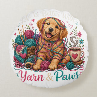 Yarn & Paws Golden Retriever Knitting & Crochet Do Round Pillow
