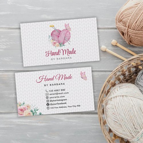 Yarn Pink Heart Knitting Needles Business Card