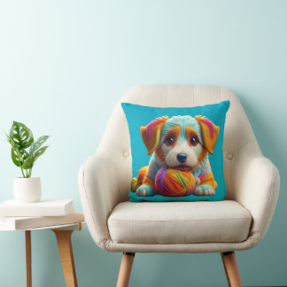 Yarn Puppy Colorful Doggy Made of Yarn Throw Pillow