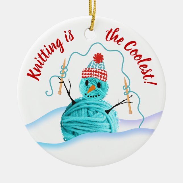 Yarn snowman knitting needles Christmas ornament (Front)