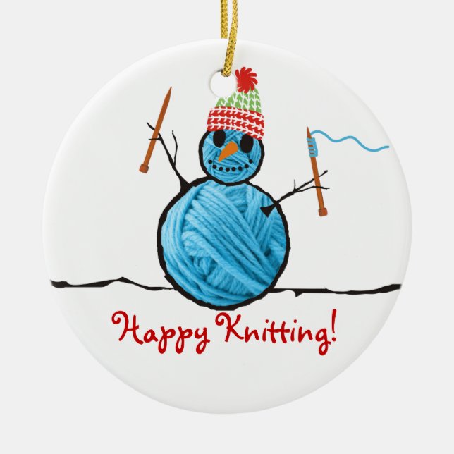 Yarn snowman knitting needles Christmas tree Ceramic Ornament (Front)