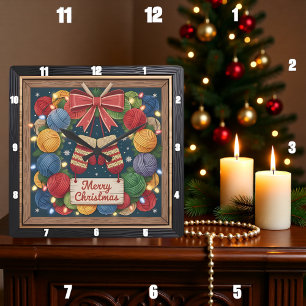 Yarn Wreath Knitting Merry Christmas Square Wall Clock