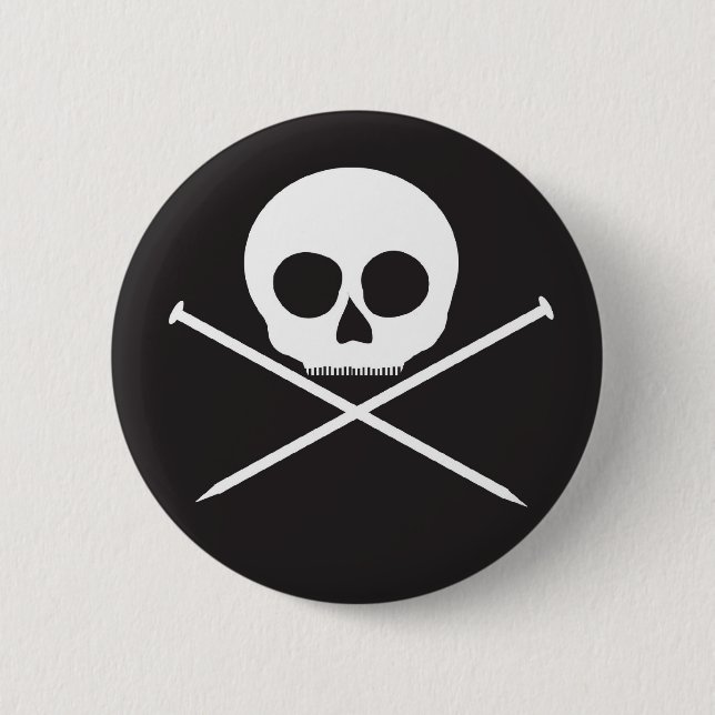 YarnCore Skull and Cross Needles Pinback Button (Front)