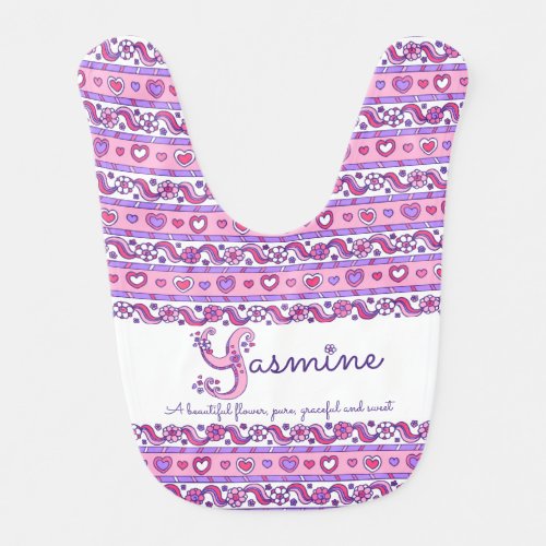 Yasmine name meaning heart flower pattern baby bib