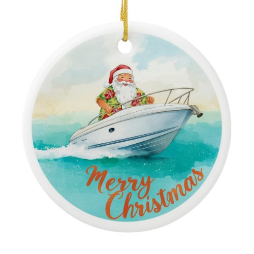 Yatch Merry Christmas Santa Sailing on a Yacht Ceramic Ornament