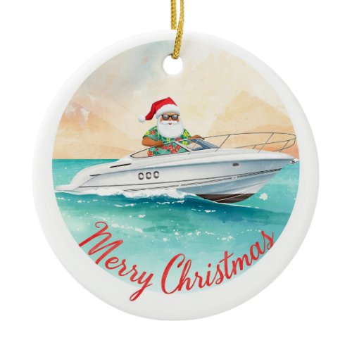 Yatch Merry Christmas Santa Sailing on a Yacht Ceramic Ornament