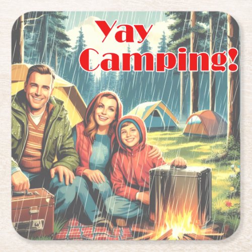 Yay Camping In The Rain Square Paper Coaster