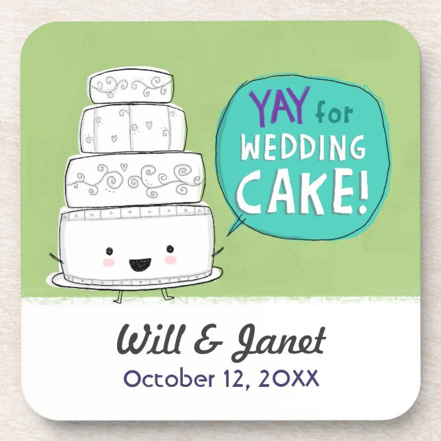 YAY for Wedding Cake! Humorous Cake Illustration Beverage Coaster (Front)