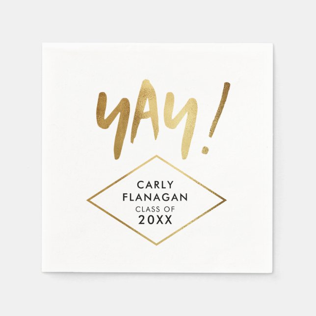 Yay! Fun Gold Graduation Celebration Party Napkins (Front)