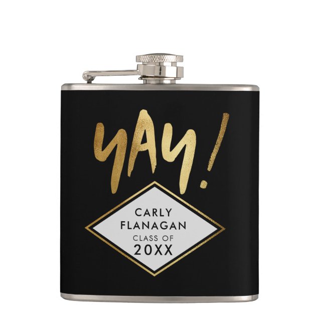 Yay! Script Gold Black Graduation Party Flask (Front)