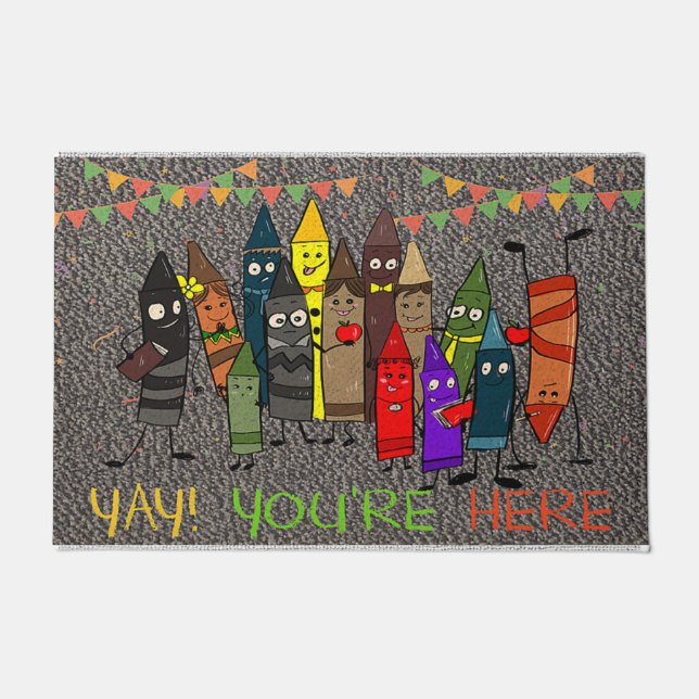 Yay You're Here Doormat, Cute Crayons  Doormat (Front)
