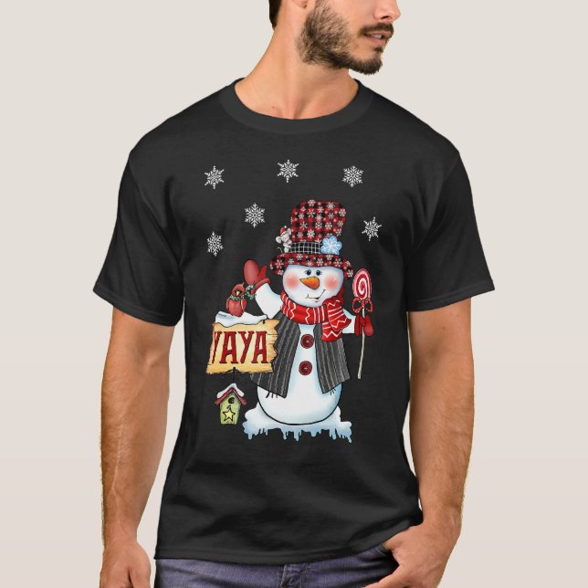 Yaya Snowman Christmas Candy Cane Red Plaid Santa T-Shirt (Front)
