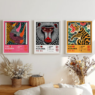 Yayoi Kusama Mandrill, Tiger, Rhino Retro Animal Wall Art Sets