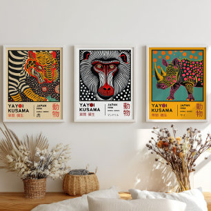 Yayoi Kusama Rhino, Mandrill, Tiger Retro Japanese Wall Art Sets