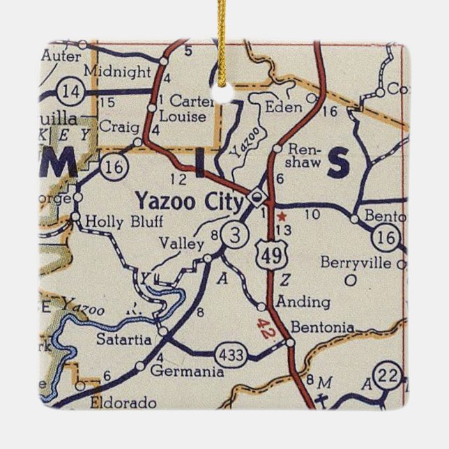 Yazoo City MS Vintage Map Ceramic Ornament (Back)