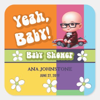 Yeah Baby Retro Baby Shower Square Sticker by SocialiteDesigns at Zazzle