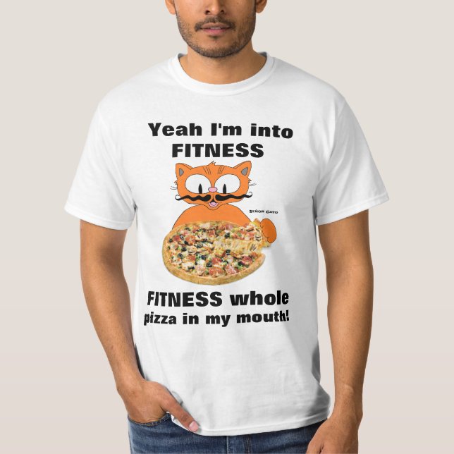 Yeah Im Into Fitness, Funny Cartoon Mustache Cat T-Shirt (Front)