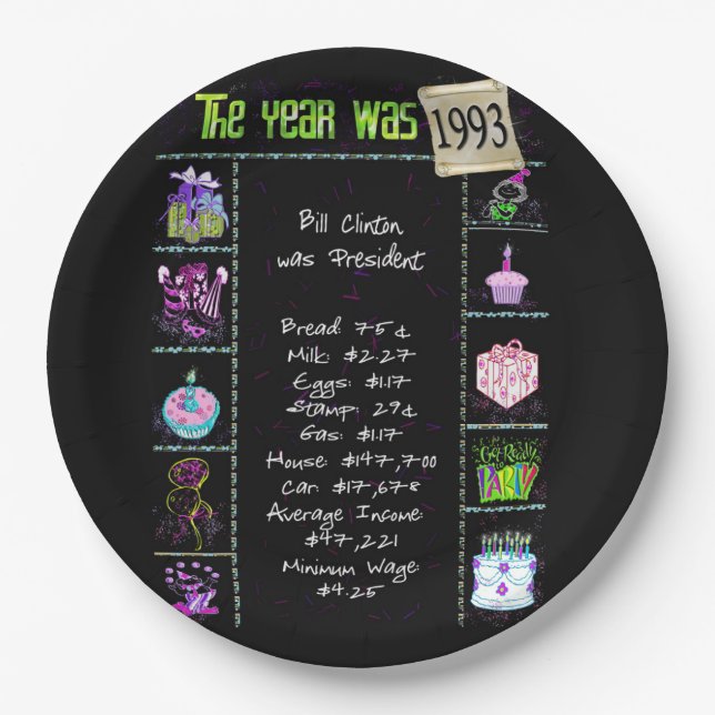 Year 1993 Birthday Trivia Facts  Paper Plate (Front)