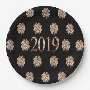 Year 2019 Elegant Black and Gold Four Leaf Clovers Paper Plates