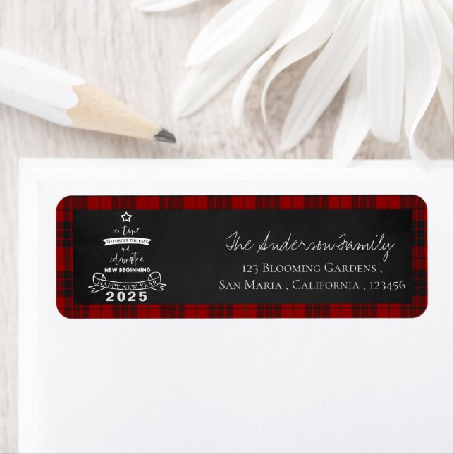 Year 2024 Black Red Plaid New Year Address Label (Insitu)