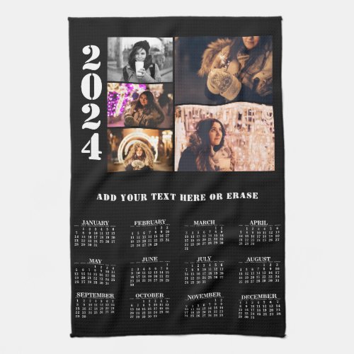 Year 2024 Calendar 5 Photo Collage Black Kitchen Towel