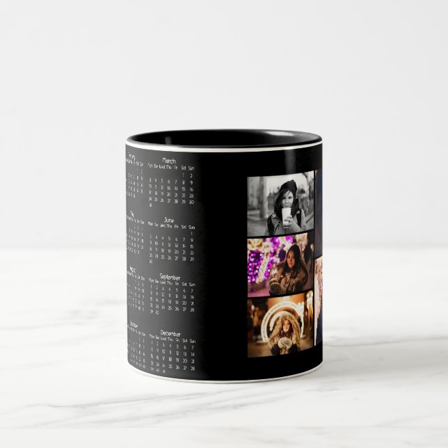 Year 2025 Calendar 5 Photo Collage Black Two-Tone Coffee Mug (Center)