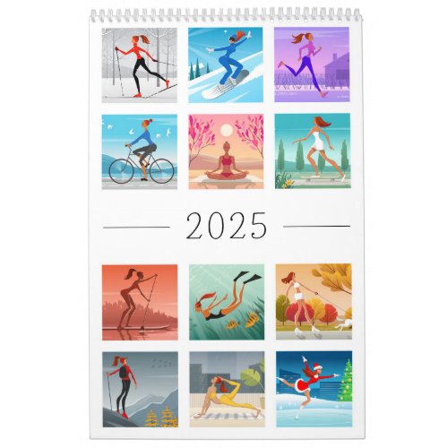 Year 2025 Sport Fitness Young Woman Girl Colorful Calendar