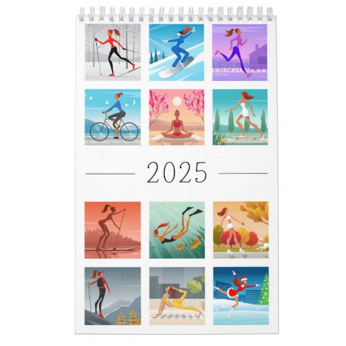 Year 2025 Sport Fitness Young Woman Girl Colorful Calendar