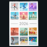 Year 2026 Sport Fitness Young Woman Girl Colorful Calendar<br><div class="desc">The theme of this Year 2026 wall calendar is Sport and Fitness. Twelve colorful illustrations (one for each month) feature beautiful young woman practicing different kinds of sports: skiing, jogging, snowboarding, paddle boarding, diving, figure skating, skateboarding, and also yoga. The girl does it in the beautiful nature surroundings: lake, mountains,...</div>