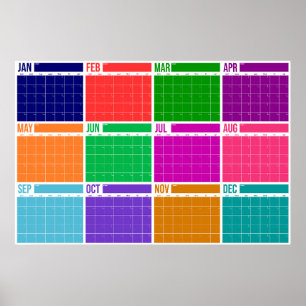 Year At A Glance Undated Bold Color Wall Calendar Poster