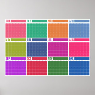 Year At A Glance Undated Colorful Wall Calendar Poster
