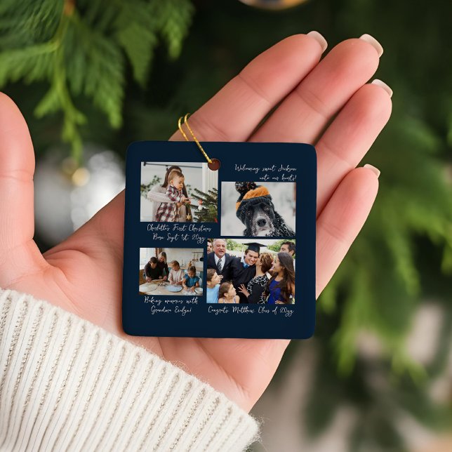 Year in Moments Family Photo Collage & Captions Ceramic Ornament (Year in Moments Family Photo Collage & Captions Navy Ceramic Ornament )