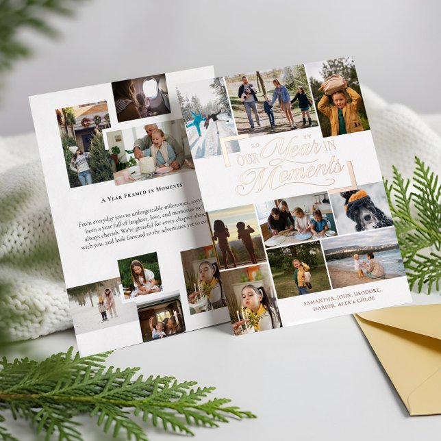 Year in Moments Family Photo Collage Christmas Foil Holiday Card (Year in Moments Family Photo Collage Christmas Foil Holiday Card (Front & Back))
