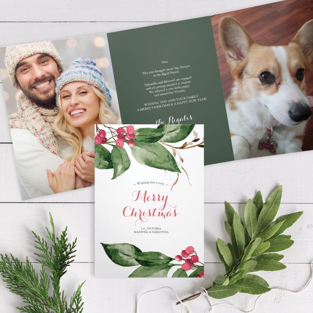 Year In Review Botanical Christmas Card (Christmas Card tri-fold card pet photo Year In Review Botanical )