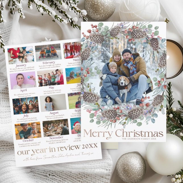 Year In Review Botanical Wreath Christmas Holiday Card (Creator Uploaded)