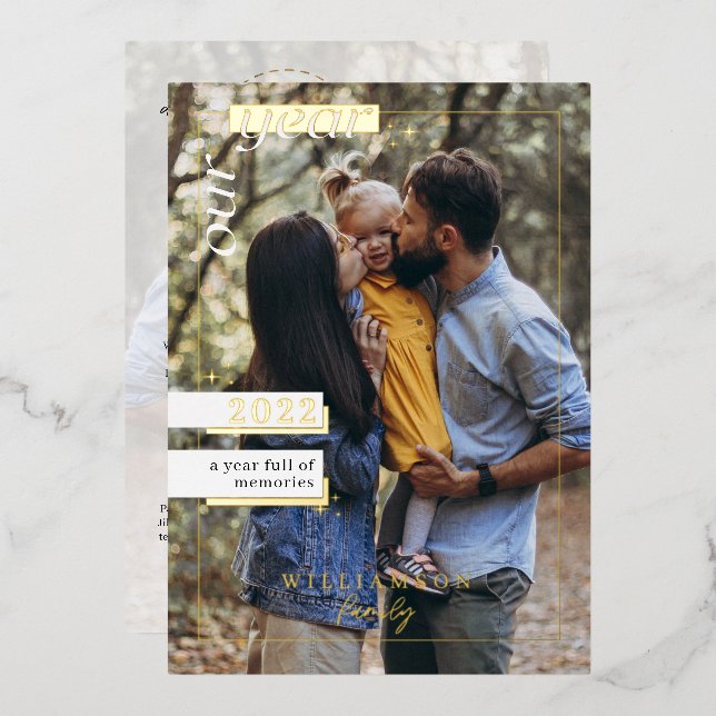 Year in Review Family Photos Year Full of Memories Foil Holiday Card (Front/Back)
