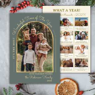 Year in Review Gold Arch 13 Photo Collage Green Holiday Card