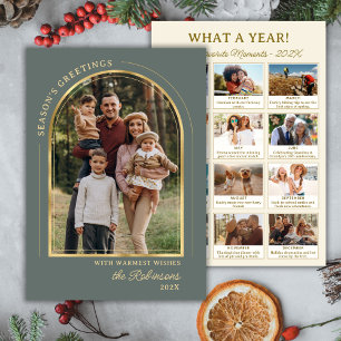 Year in Review Gold Arch 13 Photo Collage Green Holiday Card