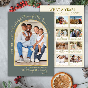 Year in Review Gold Arch 13 Photo Collage Green Holiday Card