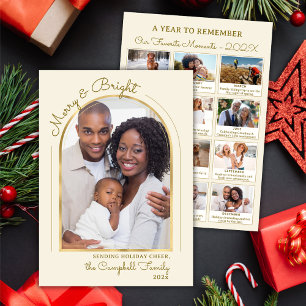 Year in Review Gold Beige Arch 13 Photo Collage Holiday Card