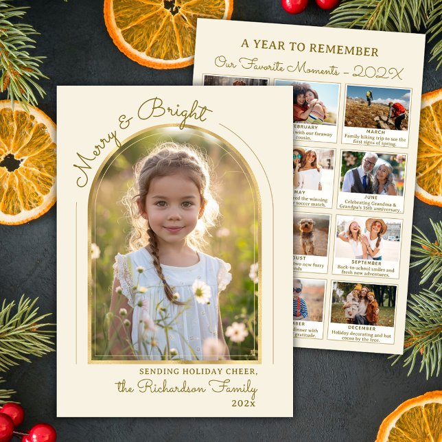 Year in Review Gold Beige Arch 13 Photo Collage Holiday Card (Creator Uploaded)