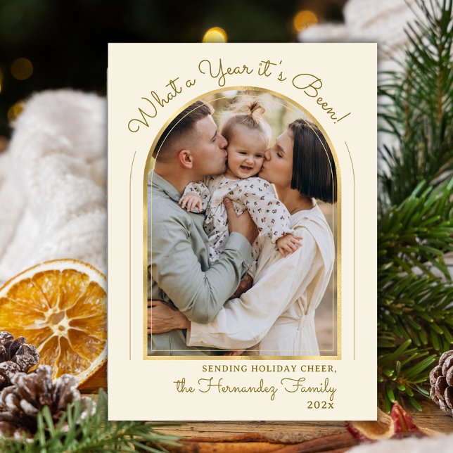 Year in Review Gold Script Arch Photo Collage Holiday Card (Creator Uploaded)