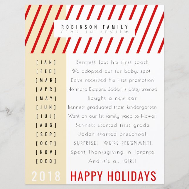 Year in review holiday letter candy cane stripe (Front)
