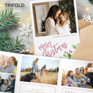 Year in review multi photo red Merry Christmas Tri-Fold Holiday Card