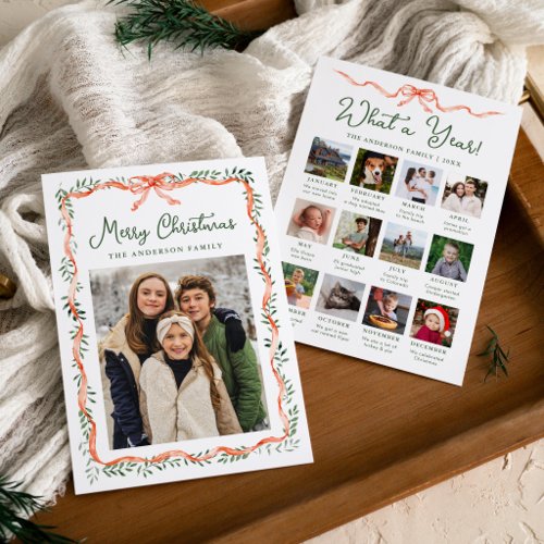 Year in Review Red Ribbon Greenery Christmas Photo Holiday Card