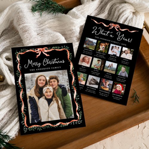 Year in Review Red Ribbon Greenery Christmas Photo Holiday Card