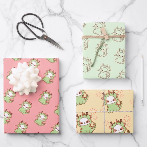 Year of Dragon Kawaii Mochi Cute Kawaii  Wrapping Paper Sheets