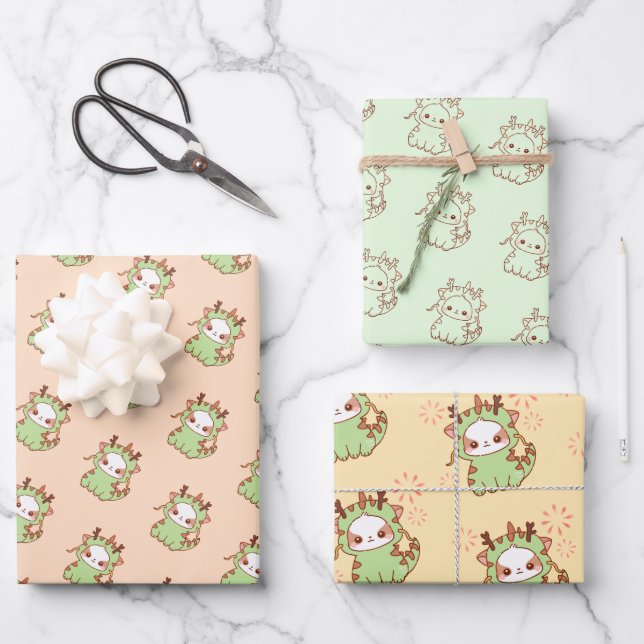 Year of Dragon Kawaii Mochi Cute Kawaii  Wrapping Paper Sheets (Front)