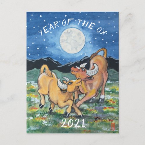 Year of Ox Chinese New Year Zodiac Whimsical Art Holiday Postcard