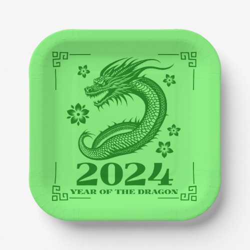 Year of the Dragon 2024 Chinese New Year in Green Paper Plates